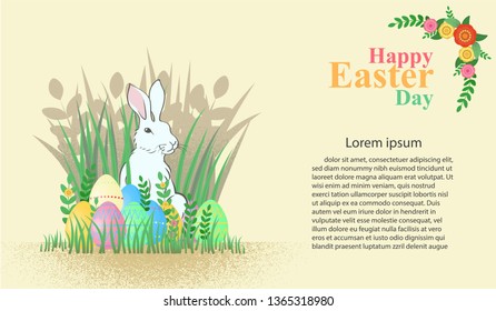 Easter day ,This is a rabbit and eggs on background yellow around the flowers and leaves
