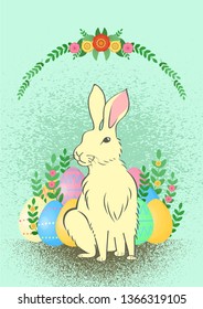Easter day ,This is a rabbit and eggs on background green around the flowers and leaves