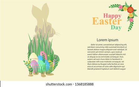 Easter day ,This is a rabbit and eggs on background yellow around the flowers and leaves
