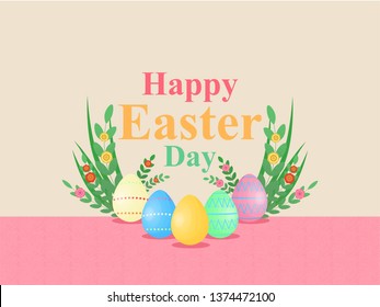 Easter day ,This is a rabbit and eggs on background yellow around the flowers and leaves