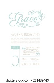 Easter day typography with flower illustration/ Easter Sunday invitation card template/Line drawing with leaves and floral background