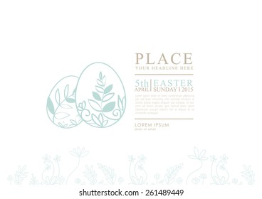 Easter day typography with flower illustration/ Easter Sunday invitation card template/Line drawing with leaves and floral background