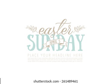 Easter day typography with flower illustration/ Easter Sunday invitation card template/Line drawing with leaves and floral background