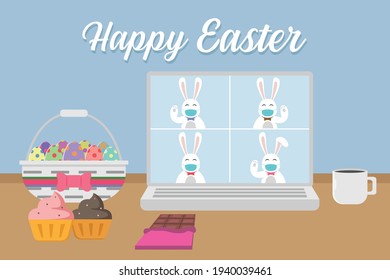 Easter day vector concept: Computer monitor showing four rabbits in video call with Happy Easter text background