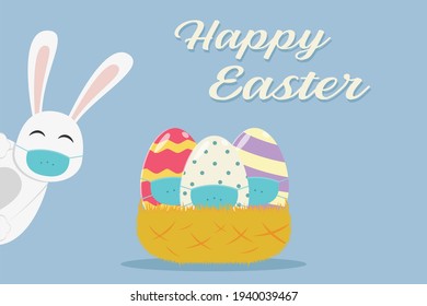 Easter day vector concept: Funny rabbit wearing face mask while standing near easter eggs on the basket with Happy Easter text