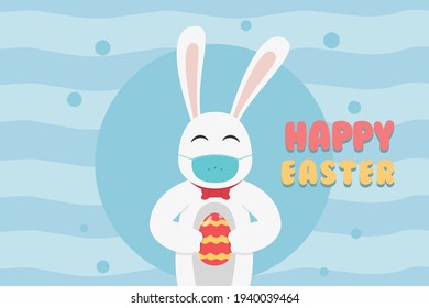 Easter day vector concept: Happy rabbit holding an easter egg while wearing face mask and standing near Happy Easter text