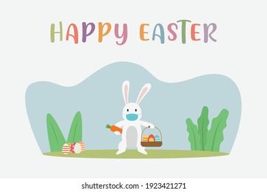 Easter day vector concept: Rabbit wearing face mask with happy easter text 