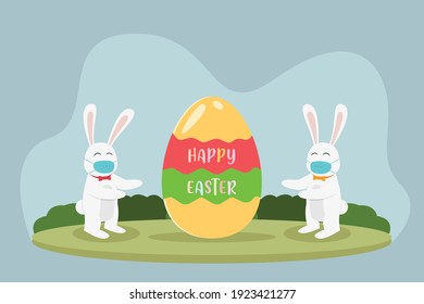 Easter day vector concept: Two rabbits showing happy easter text on the egg while wearing face mask together