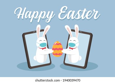 Easter day vector concept: Two rabbits wearing face mask while holding easter egg together on mobile phone with Happy Easter text