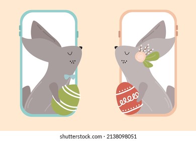 Easter day vector concept: Two rabbits wearing while holding easter egg together on mobile phone