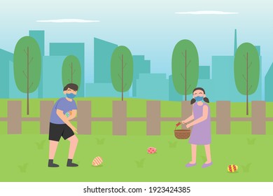 Easter Day Vector Concept: Young Couple  Hunting Easter Egg Together While Wearing Face Mask