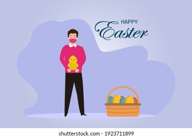 Easter day vector concept: Young man standing with little chicken and easter eggs while wearing face mask in new normal