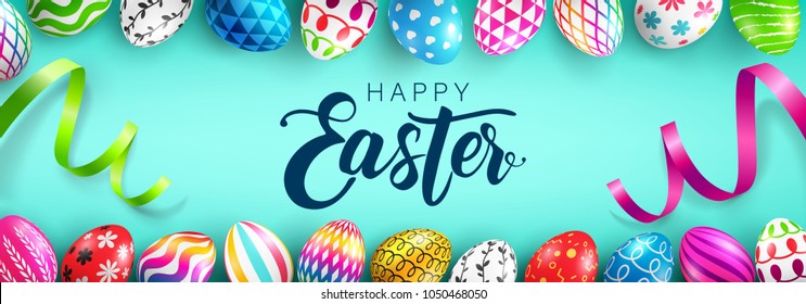 Easter Day web banner background template with Colorful Painted Easter Eggs.Easter eggs with different texture.Vector illustration EPS10