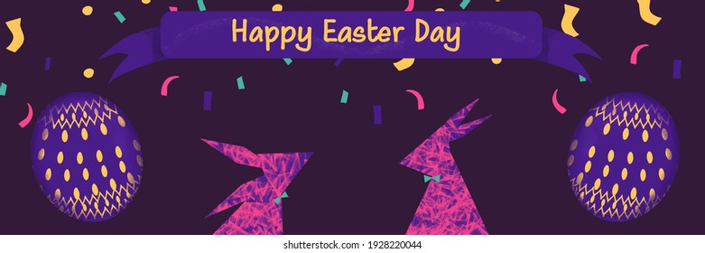 Easter Day web banner, purple eggs and pink bunny on dark purple background. Holidays vector illustration in vivid color.