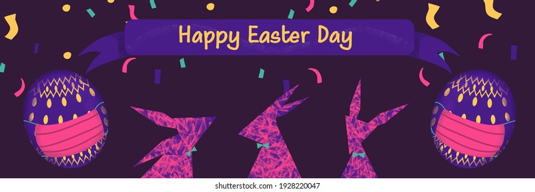 Easter Day web banner, purple eggs with mask and three pink bunny on dark purple background with ribbon decoration. Holidays vector illustration in vivid color.