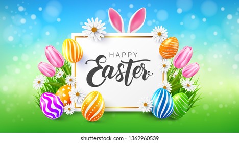 Easter Day web banner template with Colorful Painted Easter Eggs and flower.Greetings and presents for Easter Day.Promotion and shopping template for Easter Day.Vector illustration EPS10