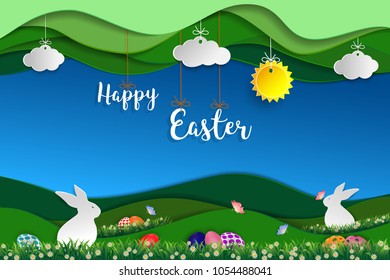 Easter day with white rabbits,colorful eggs,butterfly and little daisy on grass,Green nature landscape paper art scene background,vector illustration