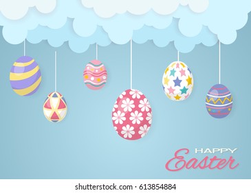 Easter day,eggs with cloud and sky.paper art style.