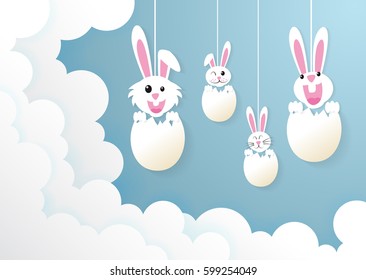 Easter day,rabbit with cloud and sky.paper art style.