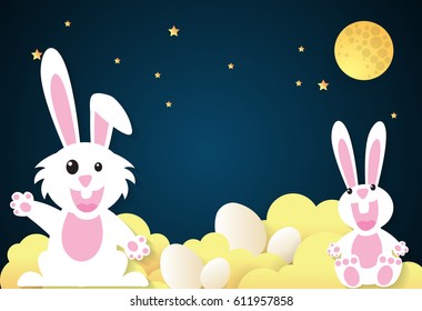 Easter day,rabbit with cloud and sky.paper art style.