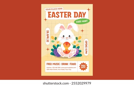 Volante de los días de Pascua. Tarjetas de felicitación de Pascua, cartel o Plantilla de Anuncio con conejo y huevos de Pascua
