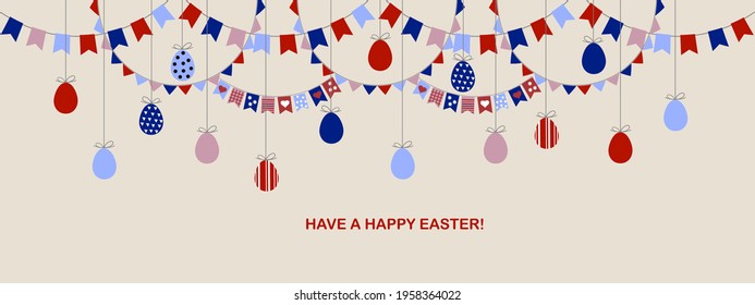 Easter decor banner for party. Flags, eggs, garlands. Vector illustration.