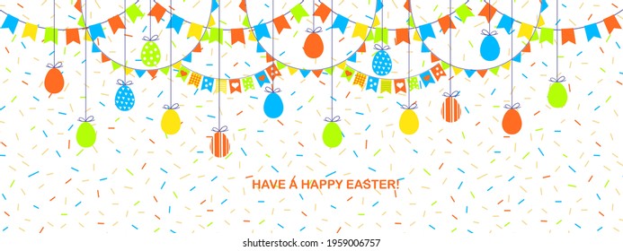 Easter decor banner for party. Flags, eggs, confetti, garlands. Vector illustration.