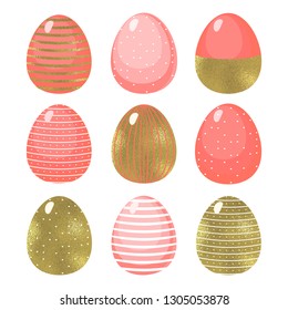 Easter decor collection. Quail and chicken eggs illustrations. Vector holiday drawings. Traditional vintage elements set. Golden foil design.