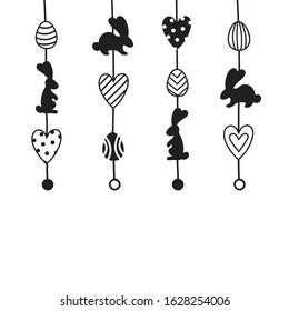 Easter decor.The decoration of the spring festival.Cute Doodle rabbits, eggs and hearts on strings.Space for your text.Black vector illustration on a white background