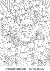 Easter decor eggs in flower garden vector easter bunny coloring book page