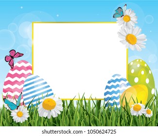 Easter decor with eggs, grass and sky decorated with flowers