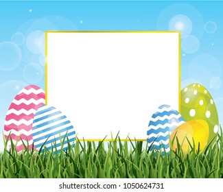 Easter decor with eggs, grass and sky decorated with flowers