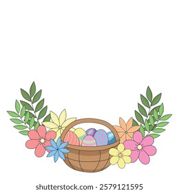 Easter decor element, basket with Easter eggs decorated with flowers and green branches, isolate on white, flat style