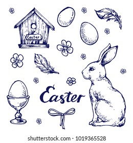 Easter decor ink hand drawn doodle set line art on white background. Rabbit, eggs, flowers, birdhouse