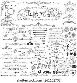 Easter decor set.Doodles border,eggs,crucifix,arrow,brushes,hearts elements .For design templates,invitations,menu. Children's hand drawing style. For holidays,baby design.Vector