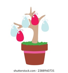 Easter decor tree with colored eggs. Illustration in cartoon style.