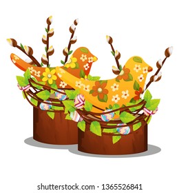 Easter decor with willow branches silhouettes of birds and colorful eggs isolated on white background. Vector cartoon close-up illustration.