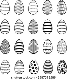 Easter decorated black and white eggs. Line icon set. Linear symbol. Outline sign. Holiday vector illustration. Editable stroke.