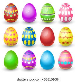 Easter Decorated Colorful Egg Set Holiday Symbols Greeting Card Flat Vector Illustration