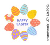 Easter decorated eggs collection with Happy Easter text.