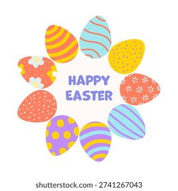 Easter decorated eggs collection with Happy Easter text.