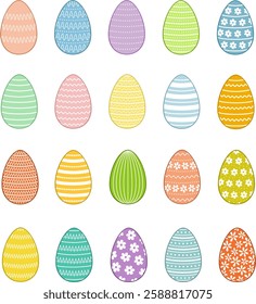 Easter decorated eggs. Colorful icon set. Outline sign. Holiday symbol vector illustration. Editable stroke.