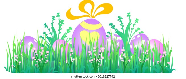Huevos decorados en Pascua escondidos en césped con flores, ilustraciones aisladas vectoriales.