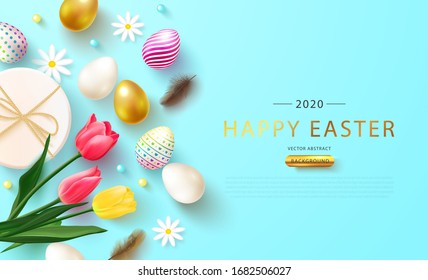 Easter decorated eggs, tulips,daisies, gift box and feathers on blue background.Happy Easter greeting web banner. Promotion and shopping template for Easter Day.Vector illustration