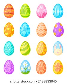 Easter decorated painted eggs. Cartoon colorful easters egg for april may vacations spring sunday religion orthodox holiday, love kid texture bright design vector illustration of egg spring decorated