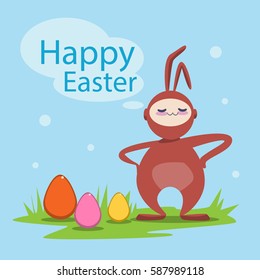 Easter Decorated Rabbit Colorful Egg Holiday Symbols Greeting Card Flat Vector Illustration