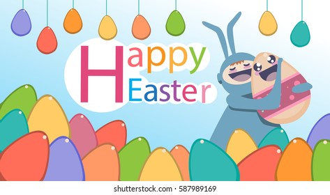 Easter Decorated Rabbit Colorful Egg Holiday Symbols Greeting Card Flat Vector Illustration