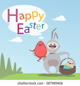 Easter Decorated Rabbit Colorful Egg Holiday Symbols Greeting Card Flat Vector Illustration