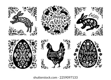 Easter Decoration Background Set with Bunny, Eggs, Chicken Floral Silhouettes. Spring Folk Style Card Design in Black-White Colors. Funny Lettering Typography Label. Easter Greeting Template Group.