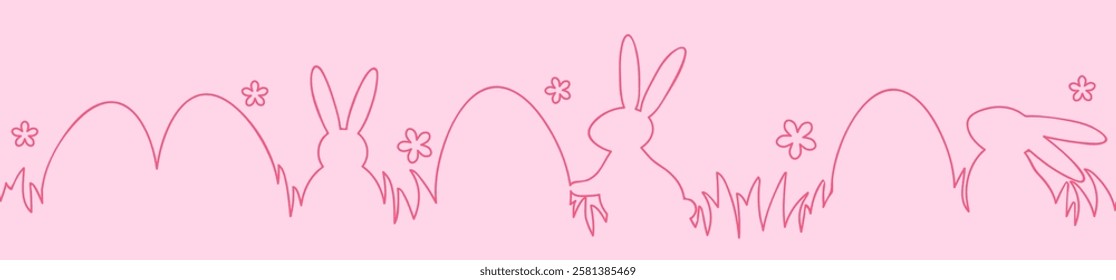 Easter decoration with bunnies and eggs. One line design. Vector illustration